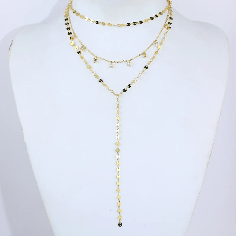2025 New Long Necklace for Women Y Lariat Shaped Disc Choker Sexy Multilayer Sequins Chain Tassel Bling Cz Pendant Necklace