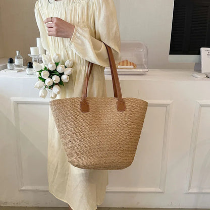 Women Braided Basket Clutches Top-handle Bag Large Straw Portable Shoulder Bag Summer Beach Party Purses Shopper Satchel Female