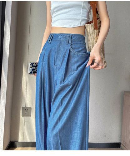 Women's Casual Basic Style Tencel Soft Ice Silk High Waisted Straight Jeans Female Commute Wide-Leg Light Blue Jeans