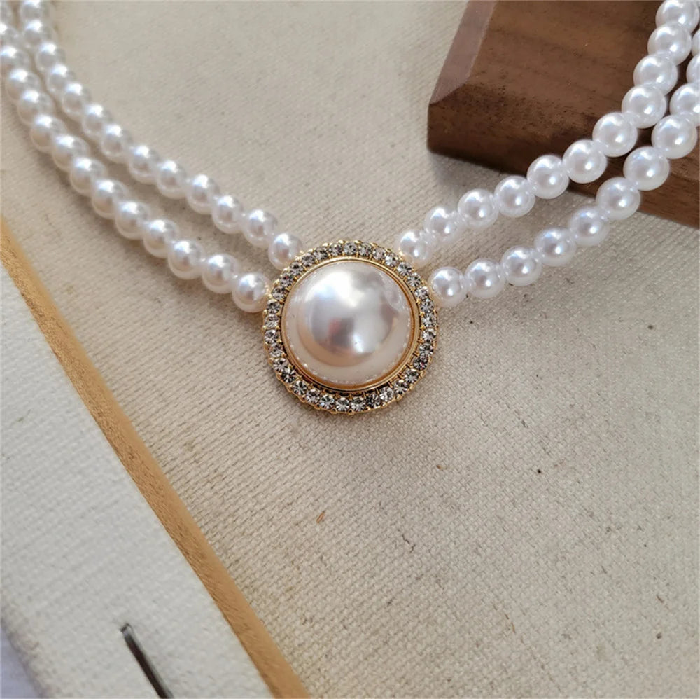 Women Elegant Pearl Double Layers Necklace Earrings Exquisite Vintage Classic Chains For Lady Party Wedding Retro Jewelry Choker