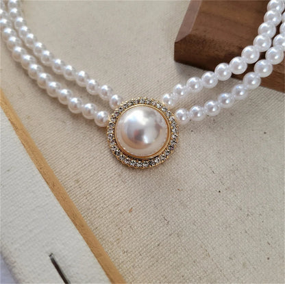 Women Elegant Pearl Double Layers Necklace Earrings Exquisite Vintage Classic Chains For Lady Party Wedding Retro Jewelry Choker