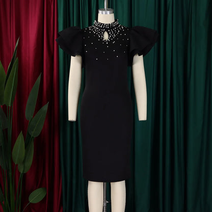 Elegant Dresses for Women O Neck Ruffles Sleeve Beaded Sheath Package Hips Mid Calf Luxury Birthday Party Dinner Vestidos Mujer