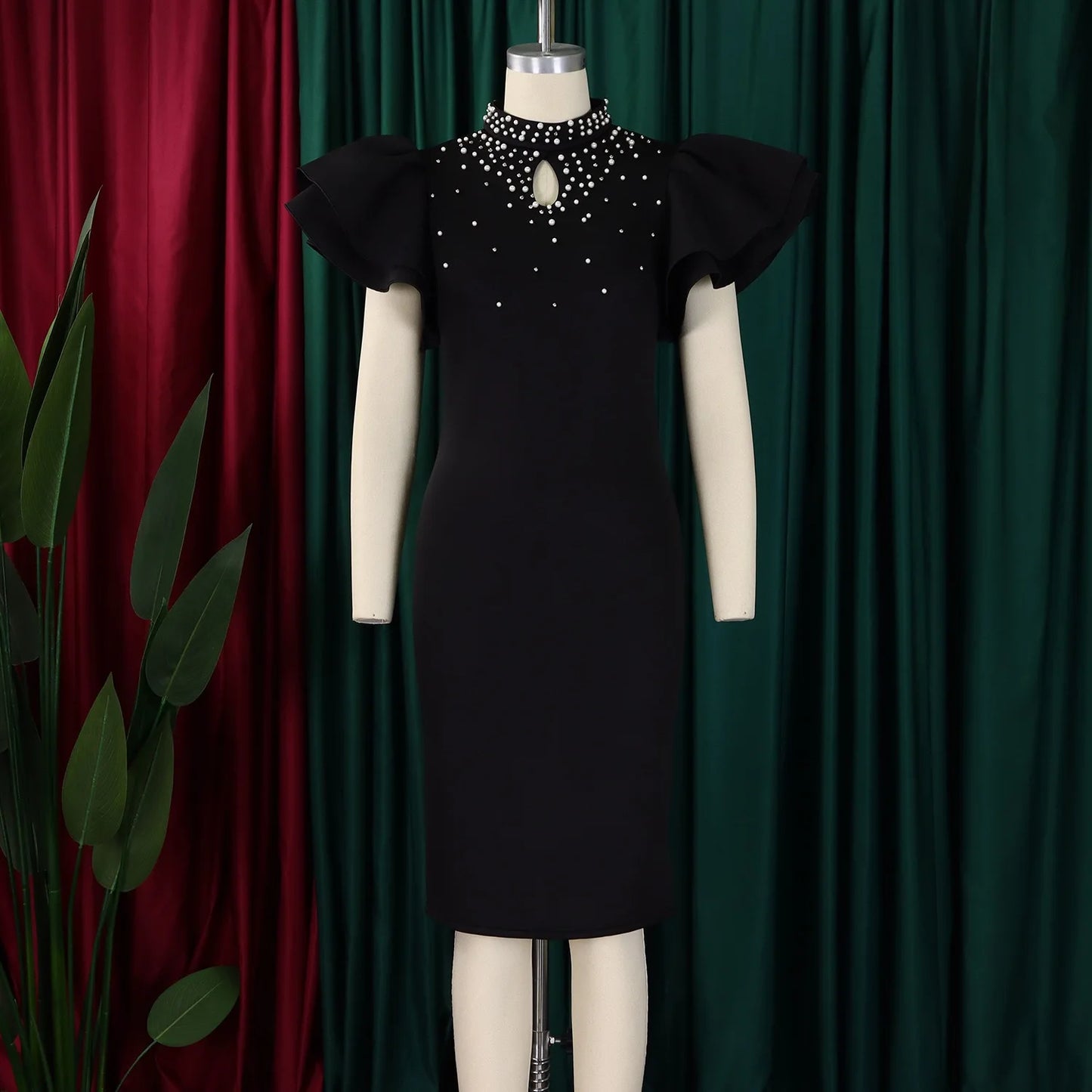 Elegant Dresses for Women O Neck Ruffles Sleeve Beaded Sheath Package Hips Mid Calf Luxury Birthday Party Dinner Vestidos Mujer