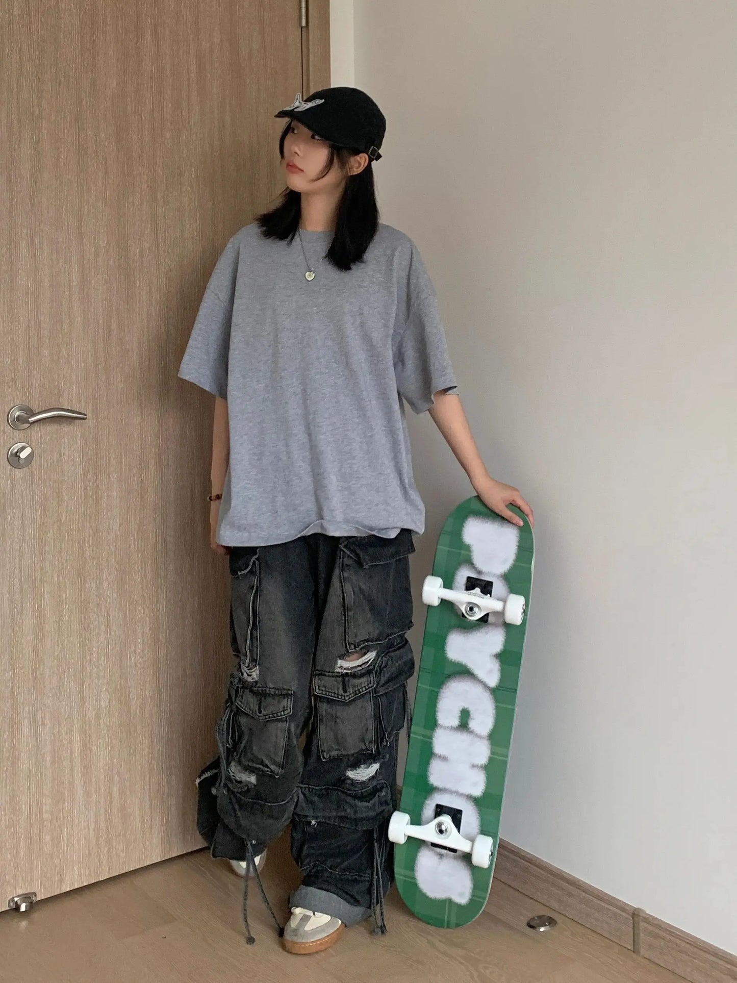 Women Jeans Pants Y2K High Street Heavy Washed Black Perforated Workwear Jeans For Women's Autumn And Winter Multi Pocket