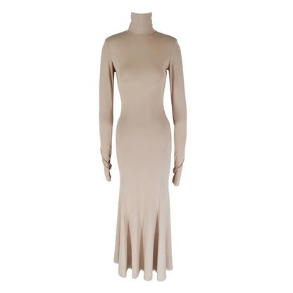 Women's Dresses Autumn Winter New Sexy Solid Backless Elegant Dress Streetwear Fashion Casual Slim Turtleneck Long Sleeves Dress