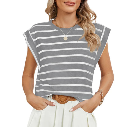 Tops for Women Trendy Summer Casual Short Sleeve Basic Textured Stripe Solid Color Round Neck T Shirts Blouse 2024