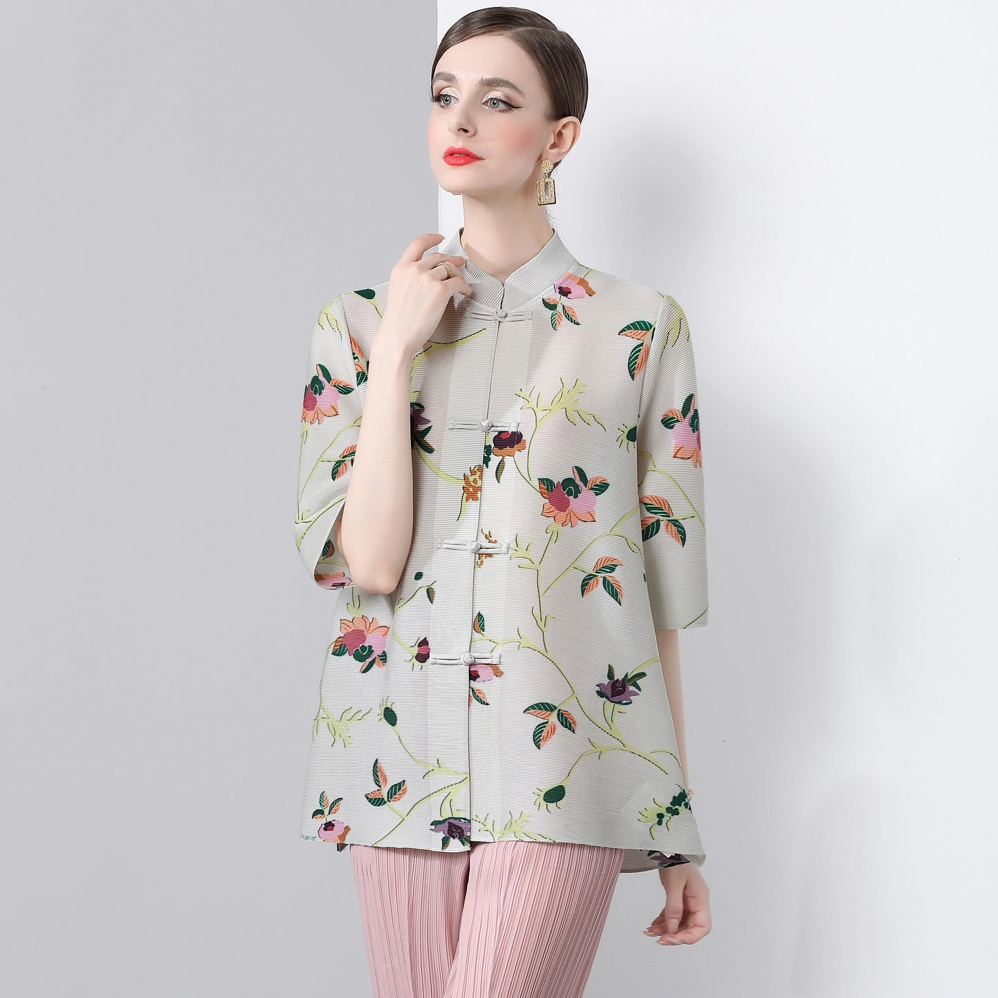 Pleated Tops for Women Summer Printed Shirts Loose Mom Wear Commuter Printed Short Sleeves Women Clothes