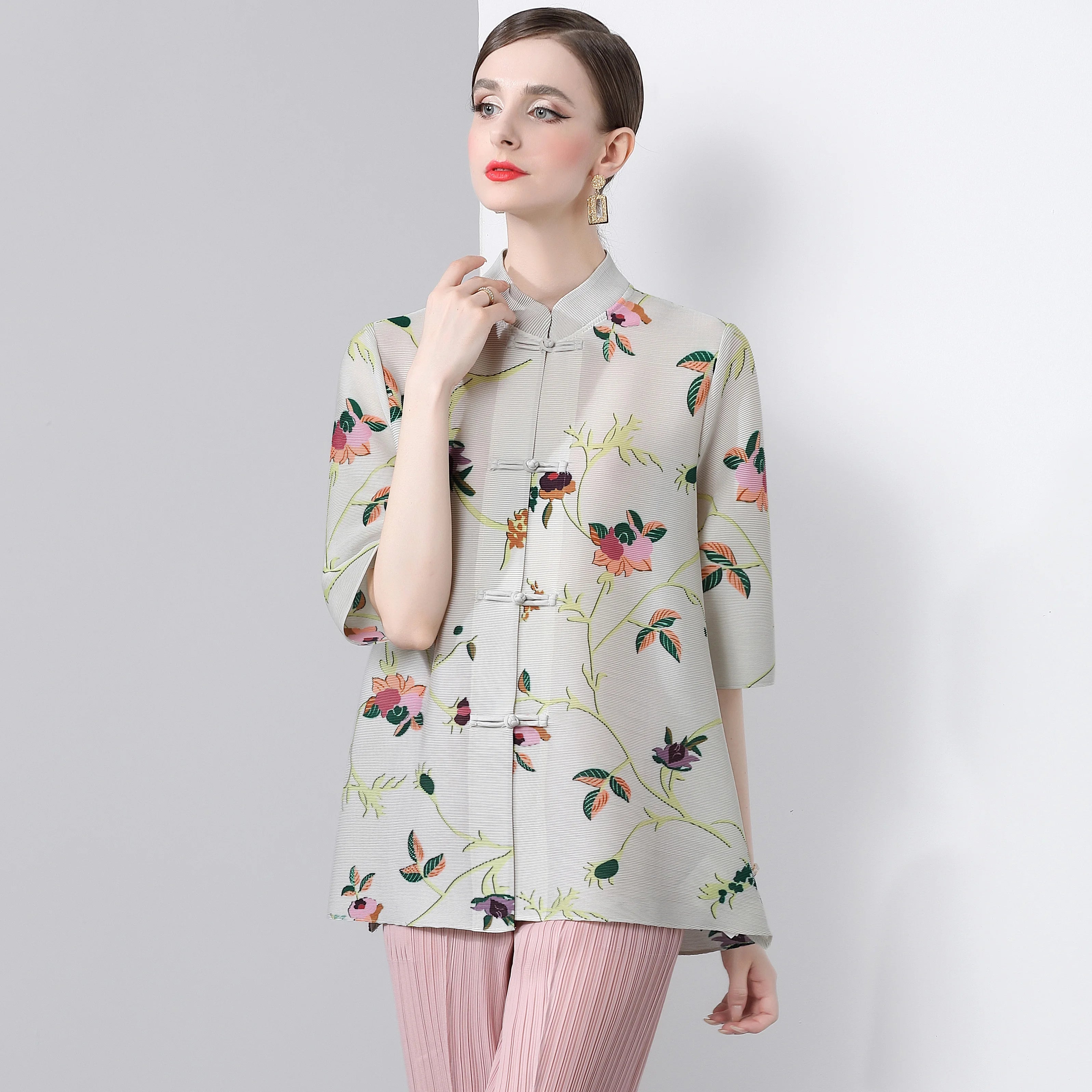 Pleated Tops for Women Summer Printed Shirts Loose Mom Wear Commuter Printed Short Sleeves Women Clothes