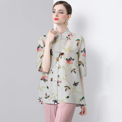 Pleated Tops for Women Summer Printed Shirts Loose Mom Wear Commuter Printed Short Sleeves Women Clothes