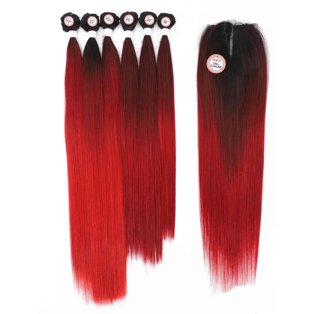 Synthetic Hair Weaving Bundles with 4*4 Clousure Lace Frontal Ombre Wig Natural Wave Straight Hair Extensions Soku Hair Weave