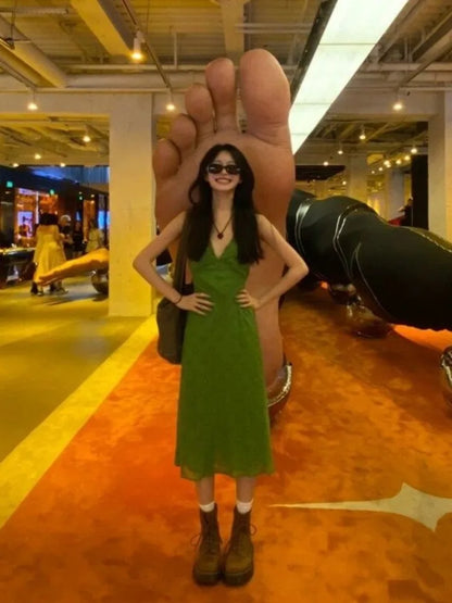 Elegant Green Print Dresses for Women V-neck Sleeveless Vintage Robe Femme 2025 Vestidos De Mujer Slim Waist Sexy Summer Dress