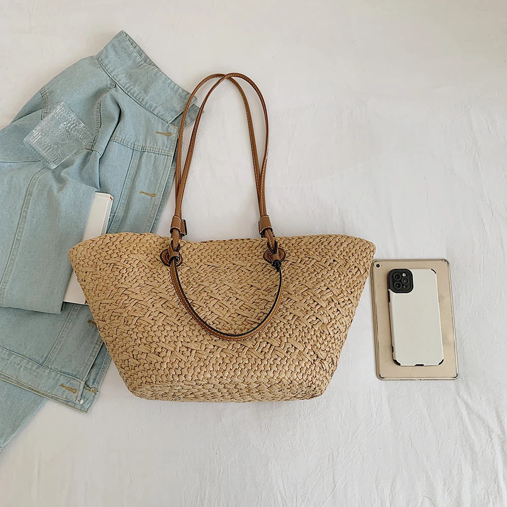 Women Woven Tote Bag Simple Woven Handbag Large Capacity Stylish Weaving Bag Tote Clutch Bags Chic Hobo Bag for Party Vacation