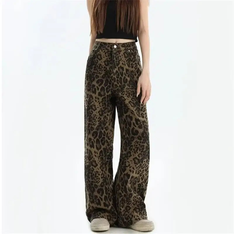 Women's leopard print jeans autumn and winter fashionable versatile loose retro casual pants straight leg wide leg pants