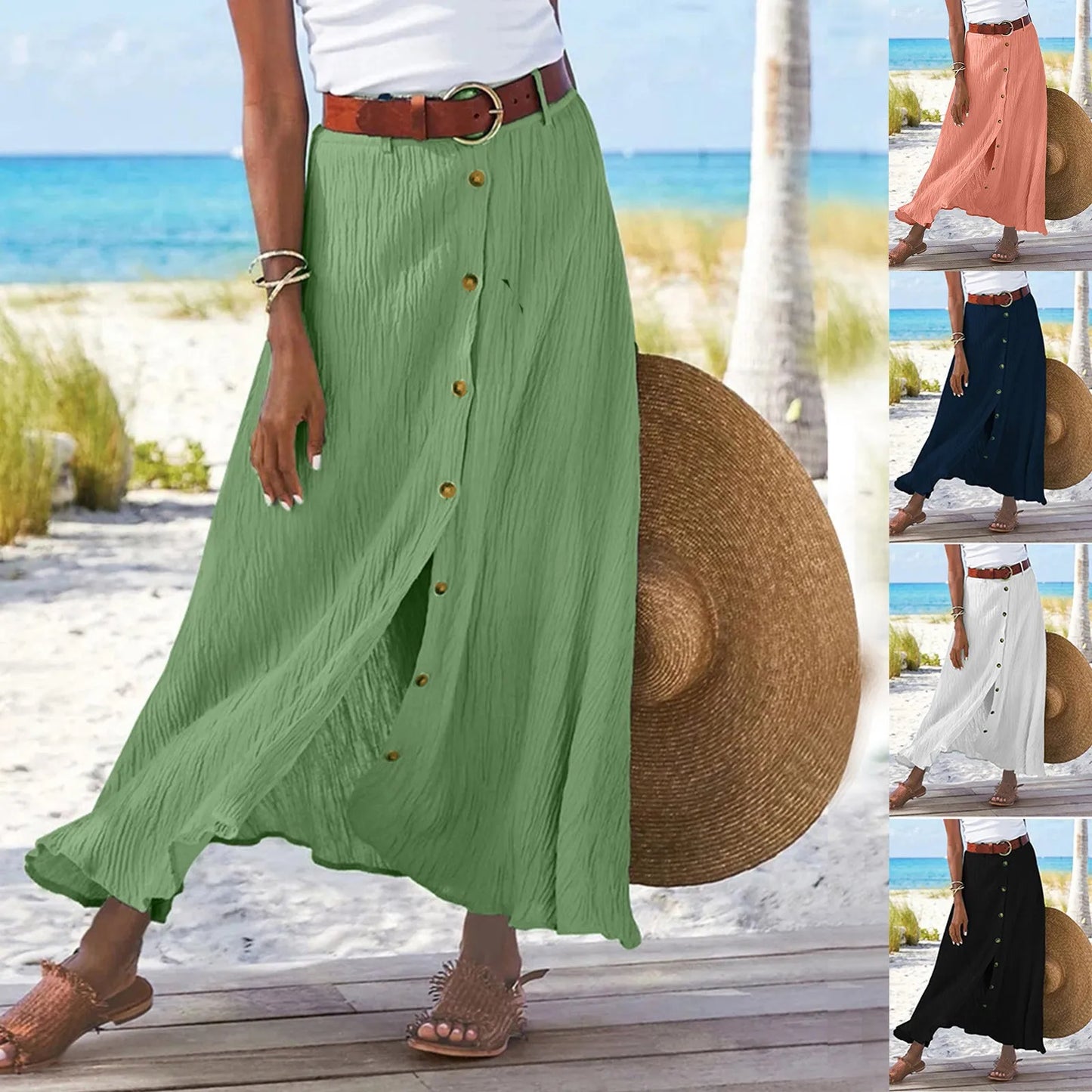 Midi Skirts For Women Bohemian Style Daily And Versatile Half Skirt Fashion Plain Color Basics High Waist Beach Button Dress