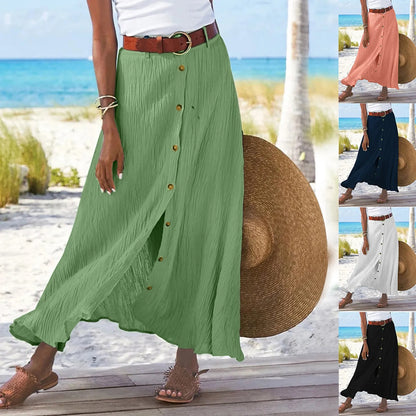 Midi Skirts For Women Bohemian Style Daily And Versatile Half Skirt Fashion Plain Color Basics High Waist Beach Button Dress