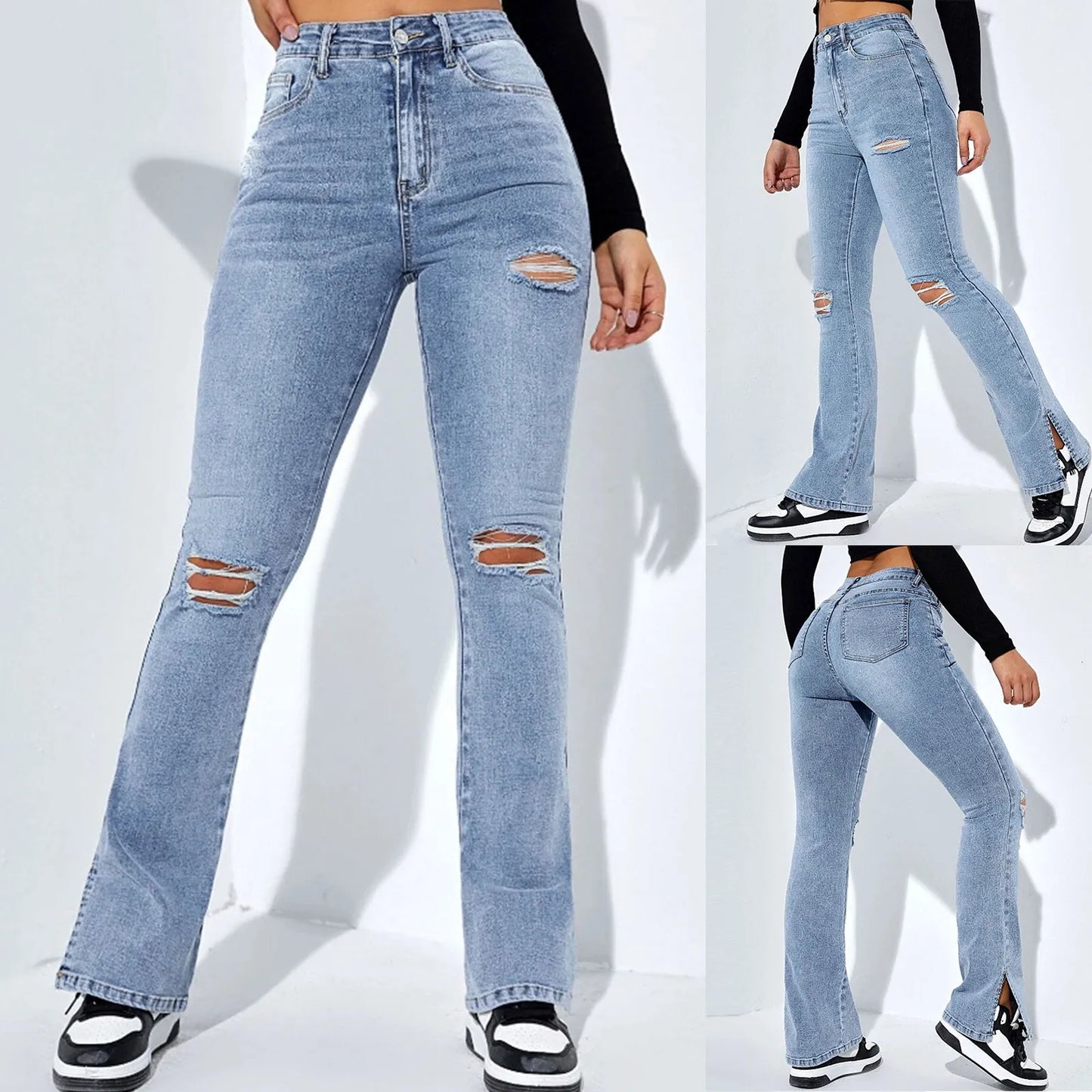 Women'S Fashion Ripped Foot Side Slit Slim Stretch Pants Jeans Pantalones De Mujer CalçA Pantalona Feminina брюки женские