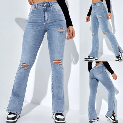 Women'S Fashion Ripped Foot Side Slit Slim Stretch Pants Jeans Pantalones De Mujer CalçA Pantalona Feminina брюки женские