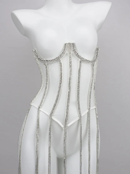 Women Tunic Bras In Waist Corset Tops Fashion Diamond Luxury Diamond Tassel Corset Slim Vest Sexy Tmesh Sheer Top Female 2025