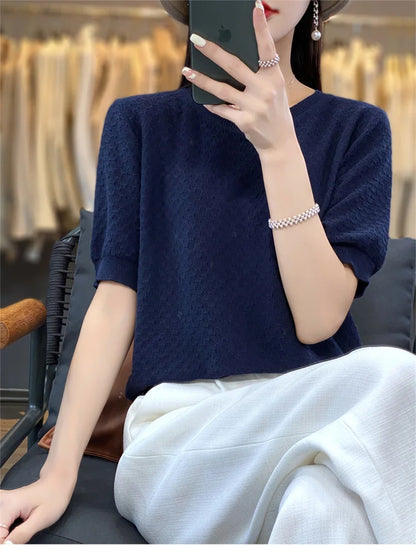 Women's T-shirt Summer 100% Cotton Sweater Short Sleeve Solid Color Round Neck Ladies Tops Loose Blouse Basic Pullover Tees