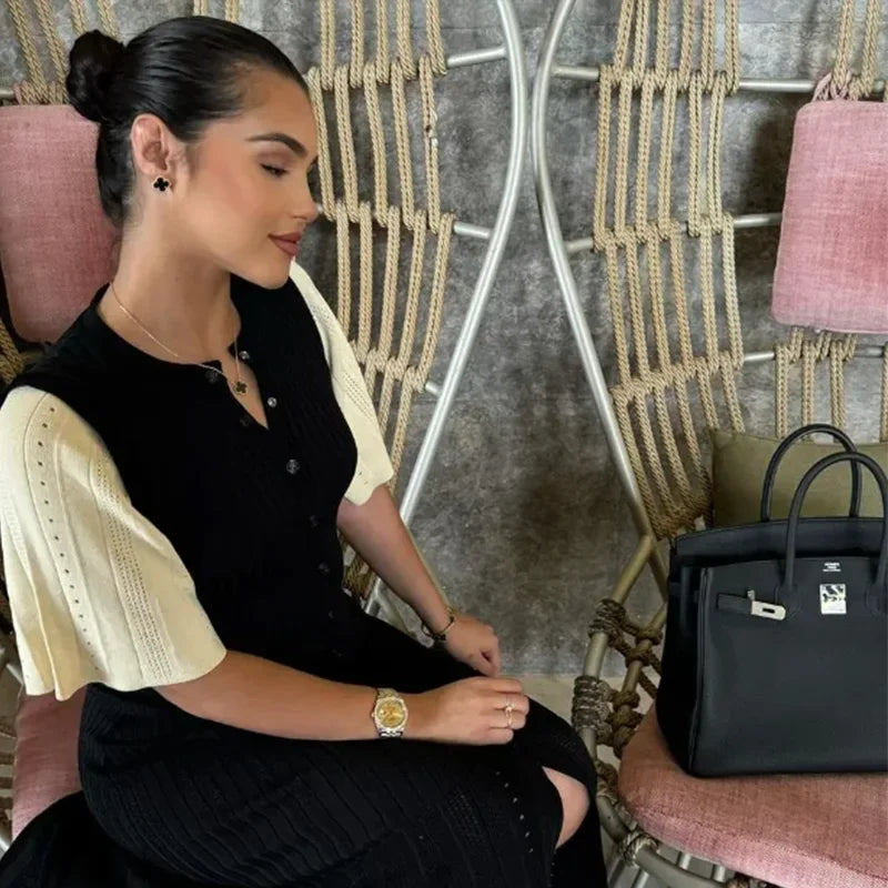 Elegant Knit Dress For Women White Slim O-neck Single Breasted Short Sleeve Long Dresses Female 2025 Spring Fashion Lady Robe