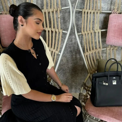 Elegant Knit Dress For Women White Slim O-neck Single Breasted Short Sleeve Long Dresses Female 2025 Spring Fashion Lady Robe