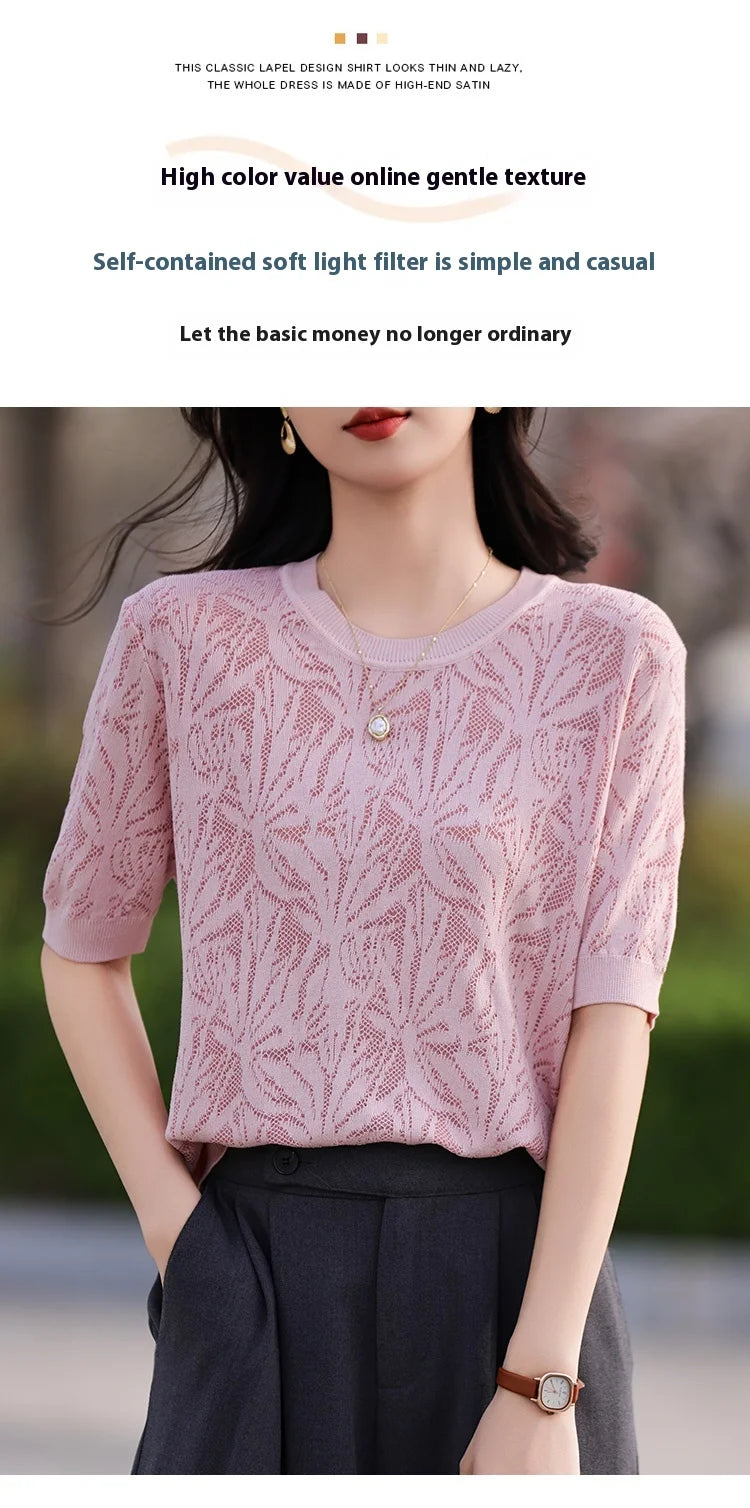 T-shirt Women Tops Summer 2025New Clothing Body O-neck Half Sleeve Tees Shirt  Solid Color Maple Leaf Pattern Casual Fashion Top