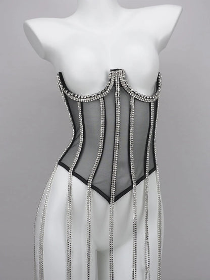 Women Tunic Bras In Waist Corset Tops Fashion Diamond Luxury Diamond Tassel Corset Slim Vest Sexy Tmesh Sheer Top Female 2025