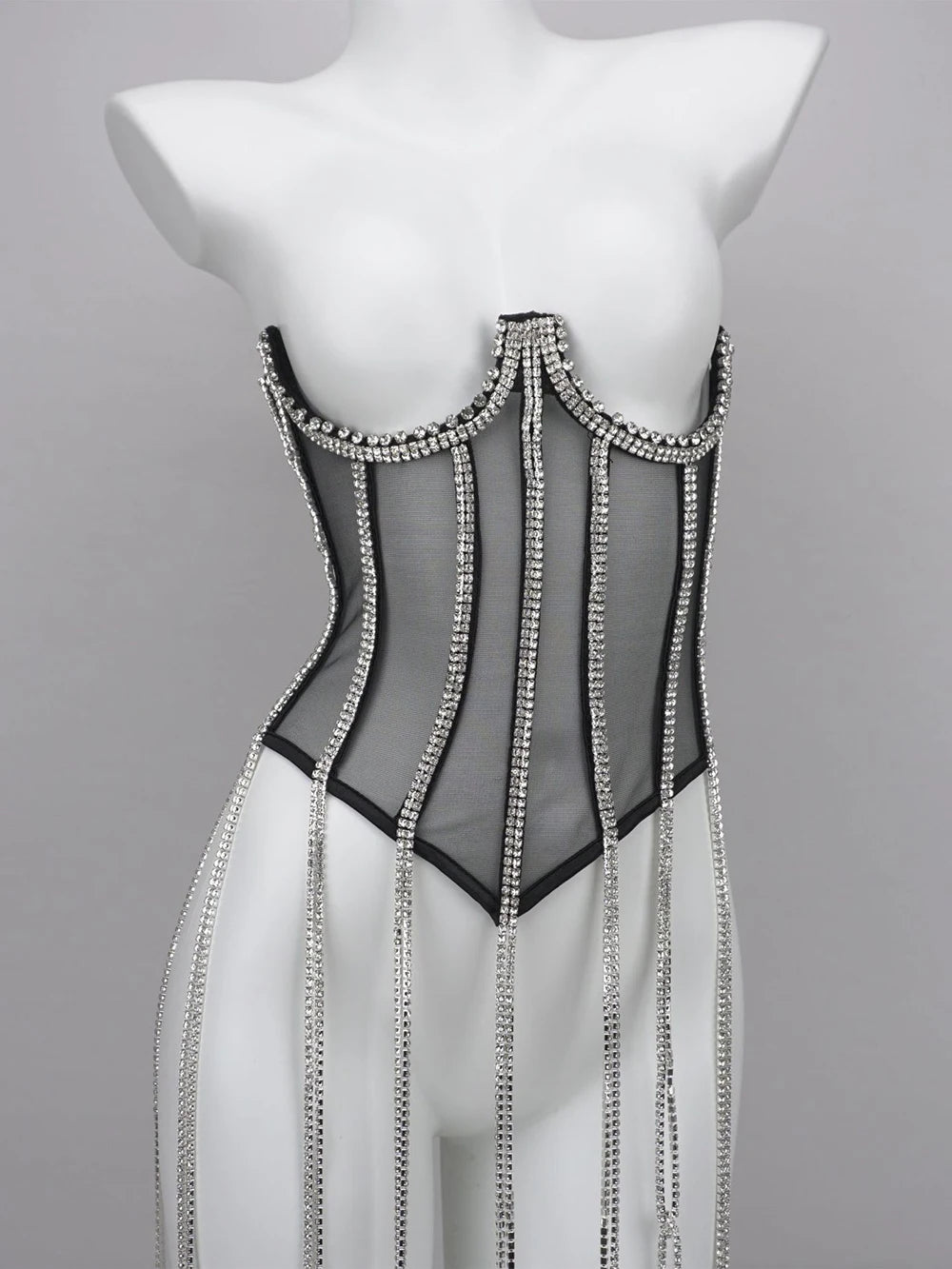 Women Tunic Bras In Waist Corset Tops Fashion Diamond Luxury Diamond Tassel Corset Slim Vest Sexy Tmesh Sheer Top Female 2025