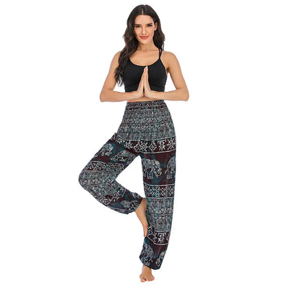 Women's Yoga Pants Printed Ethnic Style Loose Yoga Trousers Bloomers High Waist Fitness Sports Crotch Dance Palazzo Sweatpants