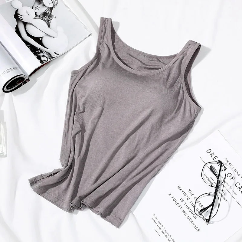 Women's Vest Tops With Built In Bra Neck Vest Padded Slim Fit Tank Tops Sexy Shirts Feminino Casual Underlay shirt slimming