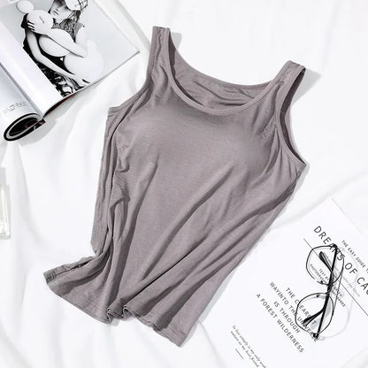 Women's Vest Tops With Built In Bra Neck Vest Padded Slim Fit Tank Tops Sexy Shirts Feminino Casual Underlay shirt slimming