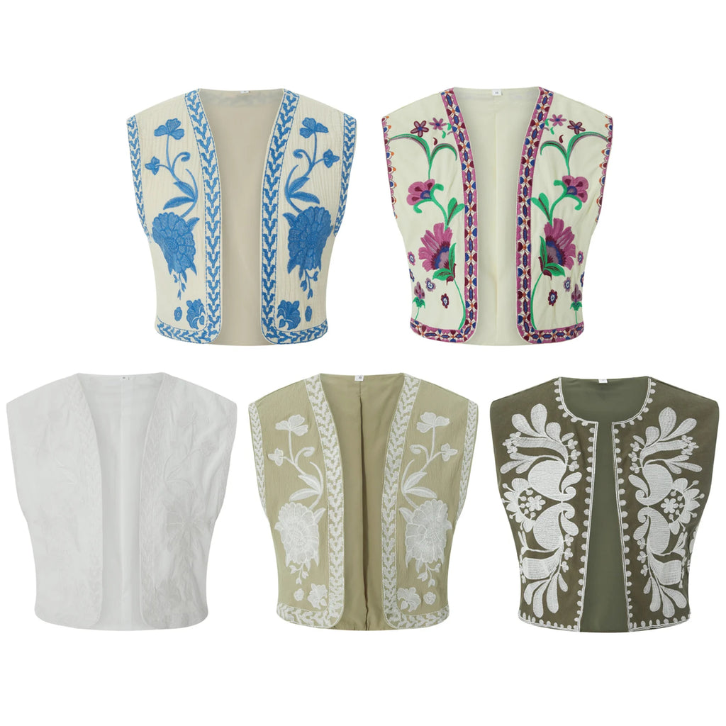 Women Vintage Embroidered Crop Vest Top Y2K Boho Floral Sleeveless Open Front Cardigan Flower Linen Vest Waistcoat Gilet Outwear