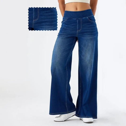 2025 Women Jeans With Pockets Elastic High Waist Solid Color Full Length Pants Straight Wide Leg Pants Baggy Denim Trousers