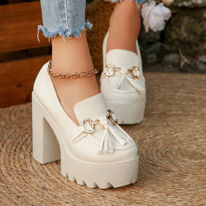 2025 New Women Pumps Fashion Tassels Thick Heeled Party Shoes Gothic Platform Shoes Woman Bowknot Chunky High Heel Pumps Women