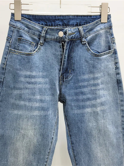 Women's Jeans High Waist Slim Hollow Out Lace Flowers Sequins Stretch Denim Pencil Pants 2025 Summer New Fashion