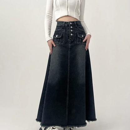 Vintage Denim Long Skirt for Women 2023 Spring Summer High Waist Button Raw Edge A-Line Skirt Female Harajuku Street Jean Skirts