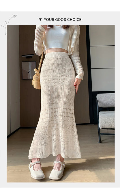 Skirts Women Trumpet High Waist Long Skirt Female Summer Elegant Knitted Hollow Out Fahison Skirt Bottom