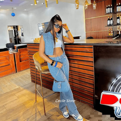 New African girly jeans ripped jeans womens three-piece denim jacket women slit wide leg slit trousers jeans uomo