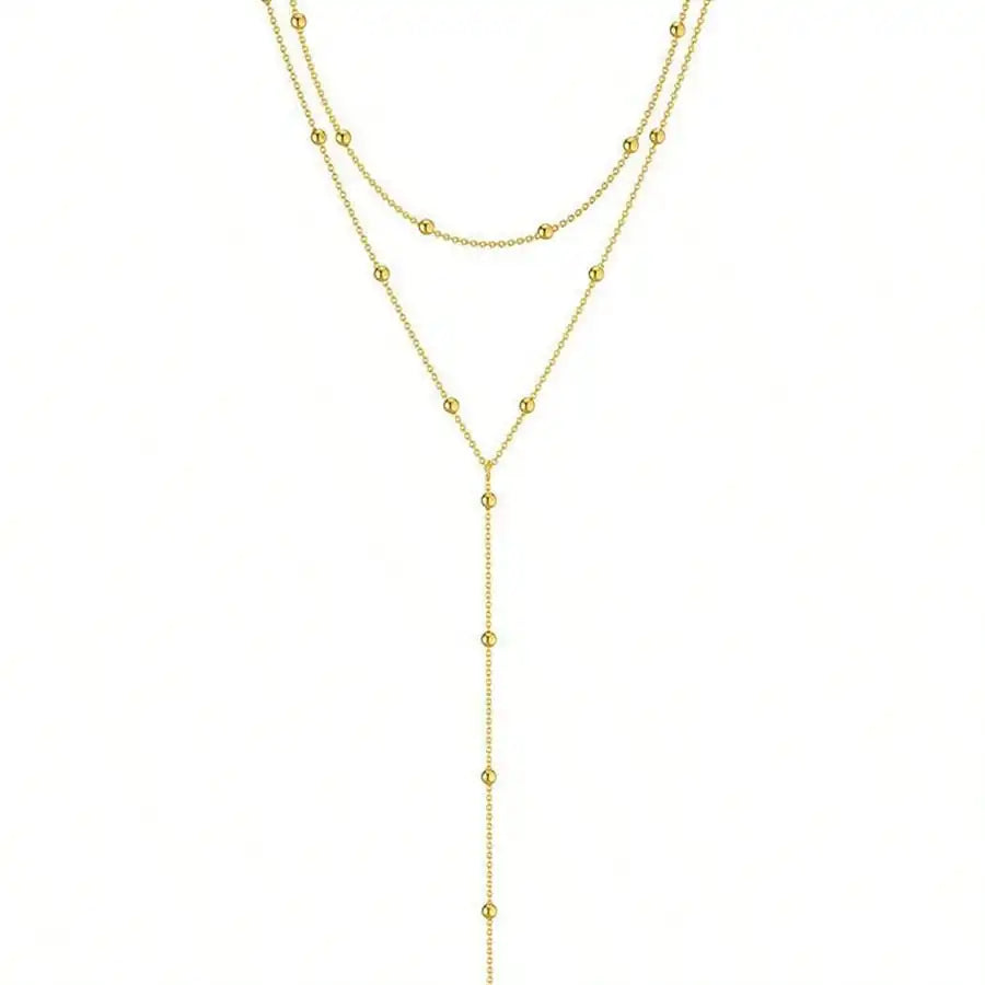 Layered Y-Shaped Necklace with Beaded Chain Detailing and Lariat Structure, Minimalist Two-Strand Design for Everyday Wear