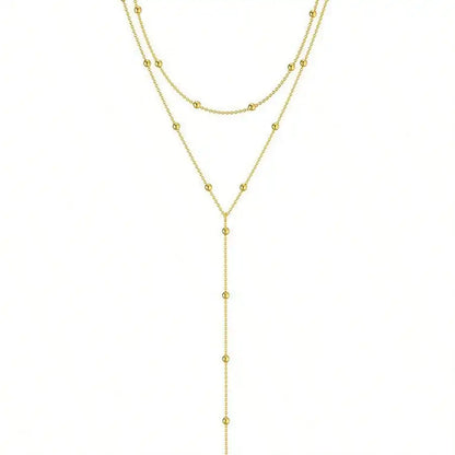 Layered Y-Shaped Necklace with Beaded Chain Detailing and Lariat Structure, Minimalist Two-Strand Design for Everyday Wear