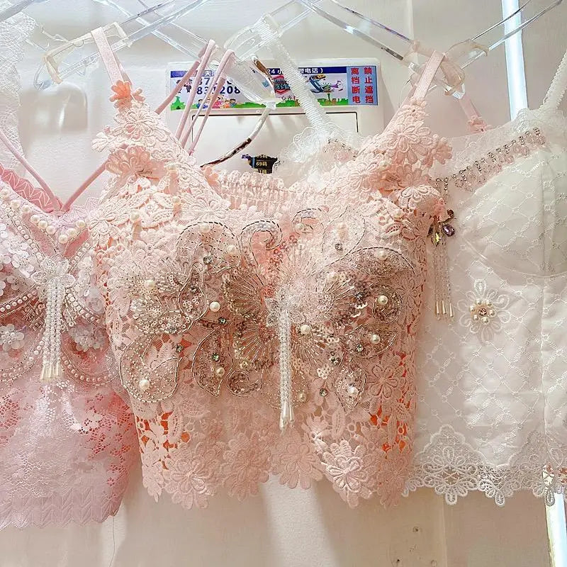 Women Clothing Heavy Beading Floral Tank Sexy Crop Tops Ropa Mujer Lace Butterfly Top Navel Baring Sexy Cropped Top Summer Camis