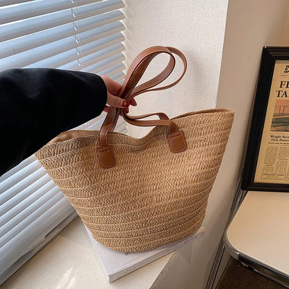 Women Braided Basket Clutches Top-handle Bag Large Straw Portable Shoulder Bag Summer Beach Party Purses Shopper Satchel Female