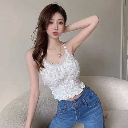 Summer Woman Clothes y2k Tops French Diamond Appliqué Camisole Bottoming Shirt Lace Crop Top Women's Folds Spaghetti Strap Tops