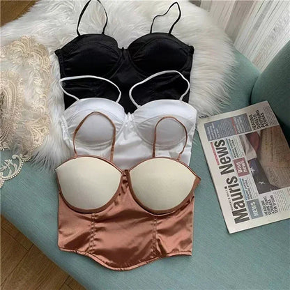 2024  Women Sexy Crop Top Solid Pleated Satin Tanks Top With Bra Pad Beach Camis Spaghetti Backless Casual Top Spring Summer