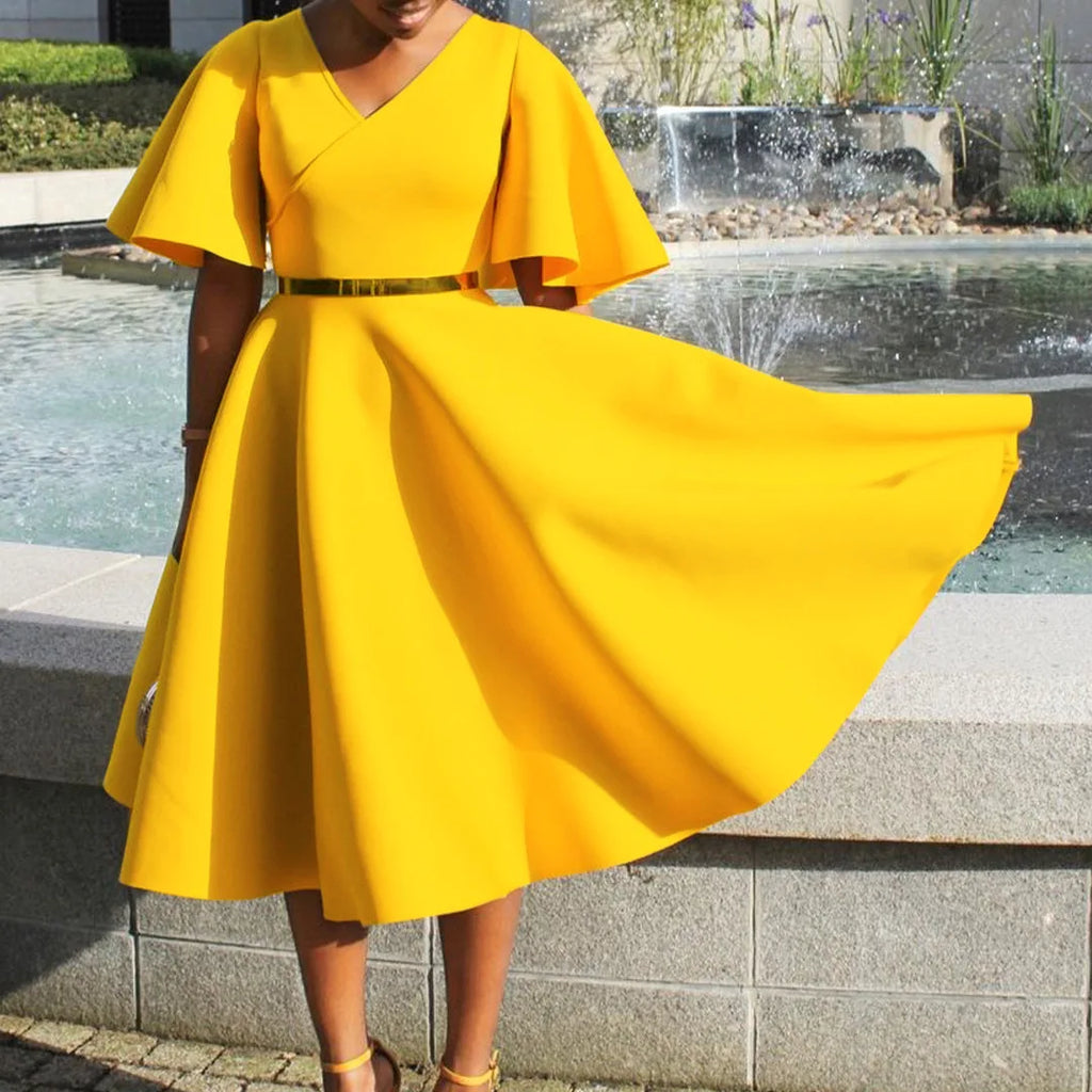 Dress Women Sexy Dresses White Round Neck Flare Sleeve Party Sheath Pleated High Waist Work Elegant Bodycon Mid Length Vestidos