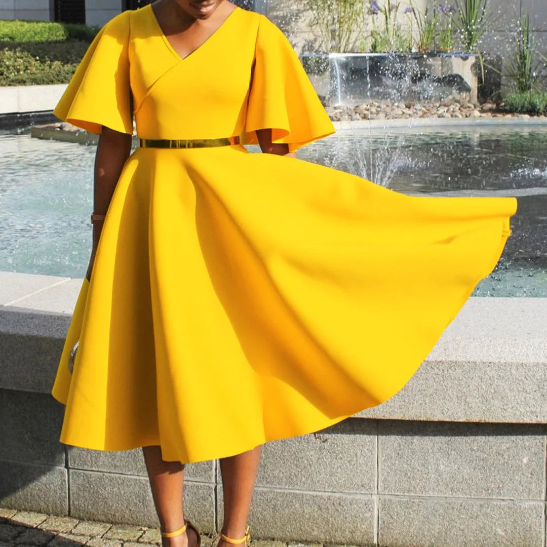 Dress Women Sexy Dresses White Round Neck Flare Sleeve Party Sheath Pleated High Waist Work Elegant Bodycon Mid Length Vestidos