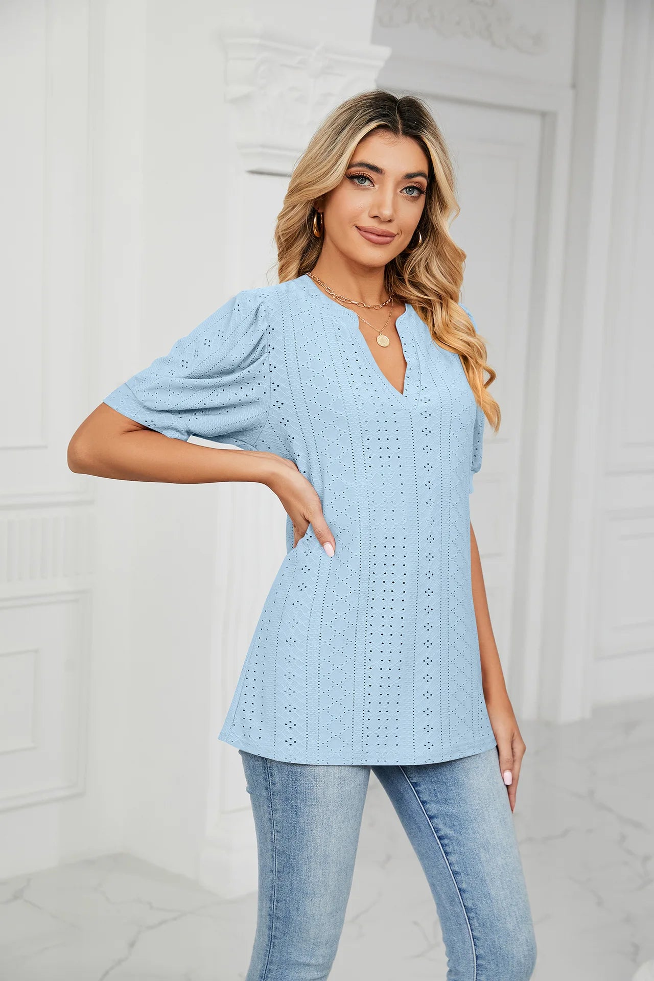 Womens Tops V Neck Ruffle Sleeve Blouses Short Sleeve Casual Tops T-Shirts for Women Autumn Winter