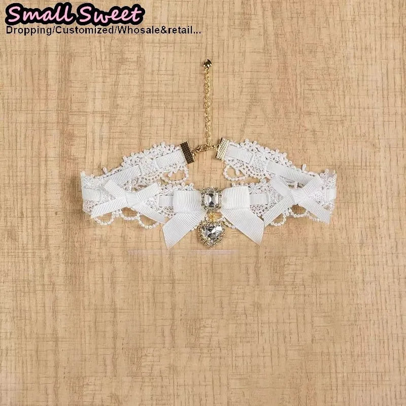 Handmade Choker Necklaces Double Pearl bow love jewelry gemstone sweet Cute Kawaii Collar Lolita Collarbone Chain Cecklace Women