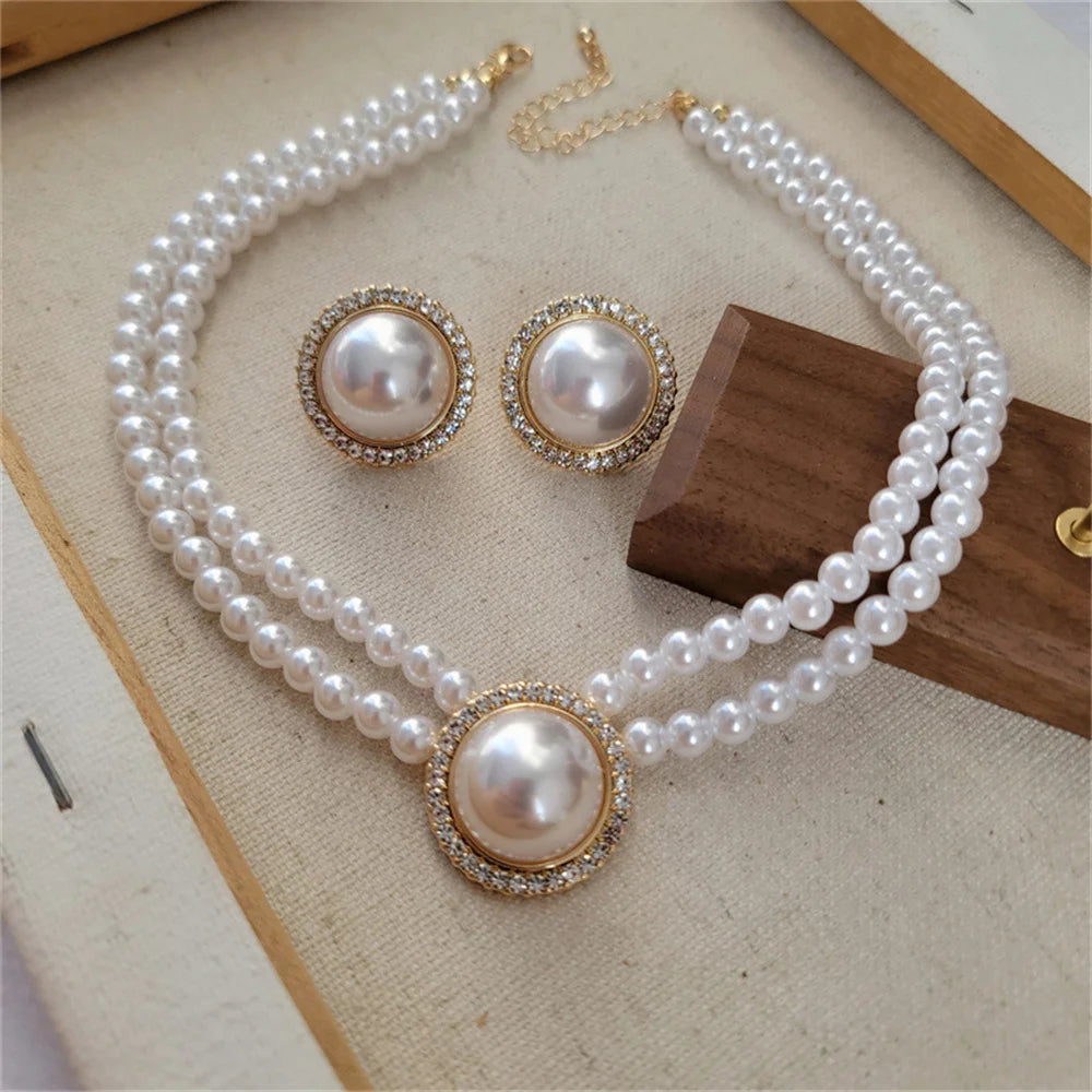 Women Elegant Pearl Double Layers Necklace Earrings Exquisite Vintage Classic Chains For Lady Party Wedding Retro Jewelry Choker