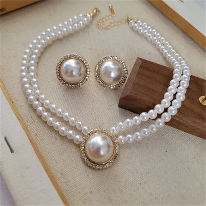 Women Elegant Pearl Double Layers Necklace Earrings Exquisite Vintage Classic Chains For Lady Party Wedding Retro Jewelry Choker